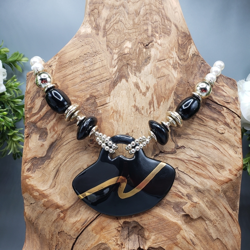 Large Black Ceramic w/ Gold Statement Necklace - Art Deco Vintage Retro Revival